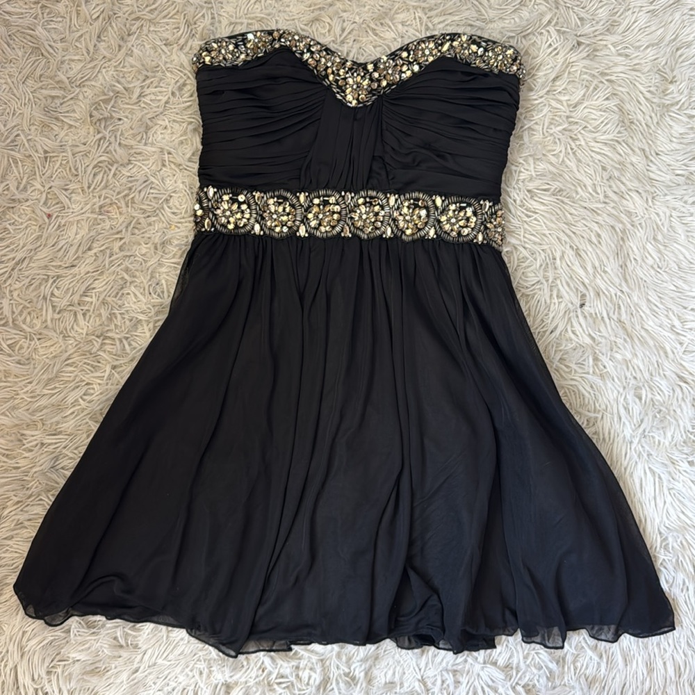 Black Strapless Sweetheart Ruched Cocktail Beaded Gem Mini Dress Size 7